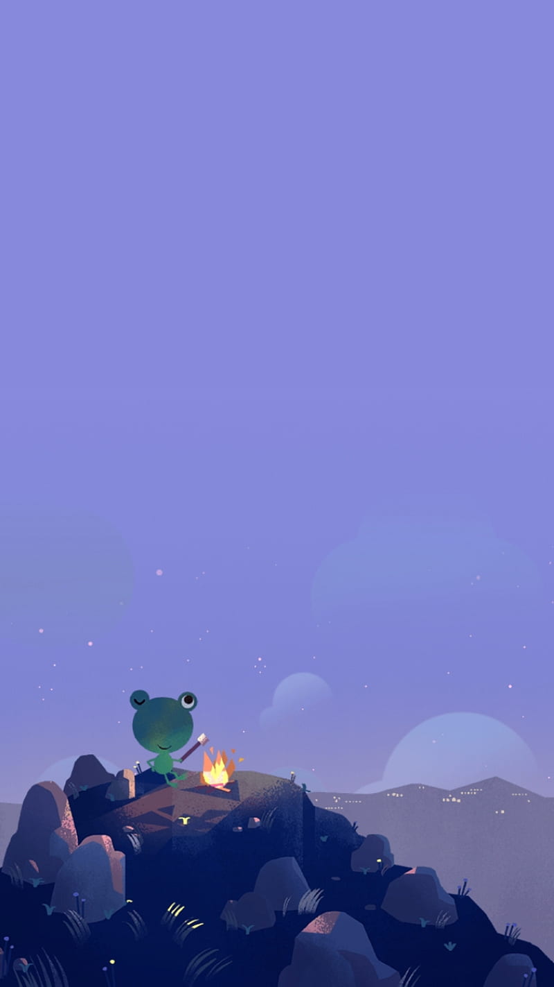 Froggy roasting marshmellow on a cool night.